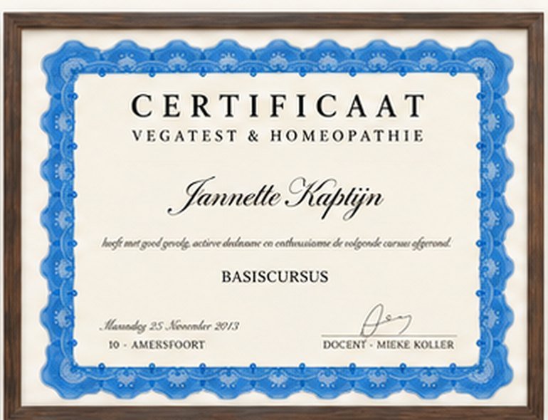 Certificaat VegaTest en homeopathie
