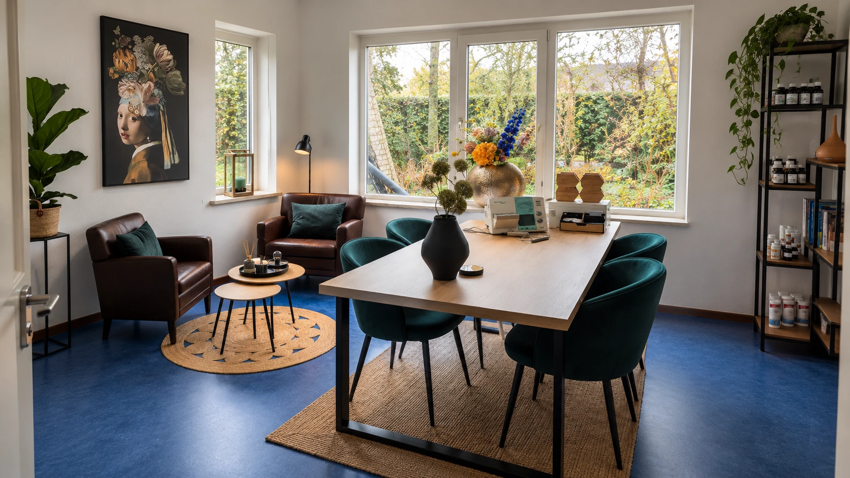De praktijkruimte, met zithoek, tafel en kast